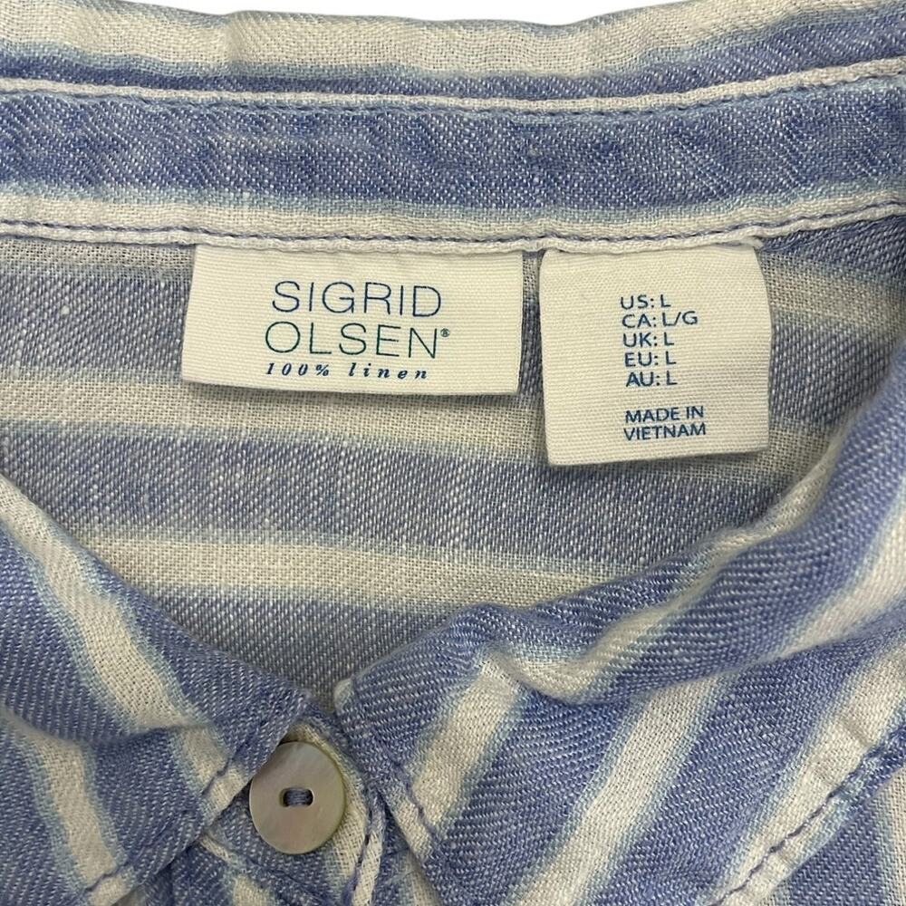 Sigrid Olsen 100% Linen Striped Button Front Blouse Sz Large Coastal Nautical - Picture 9 of 10